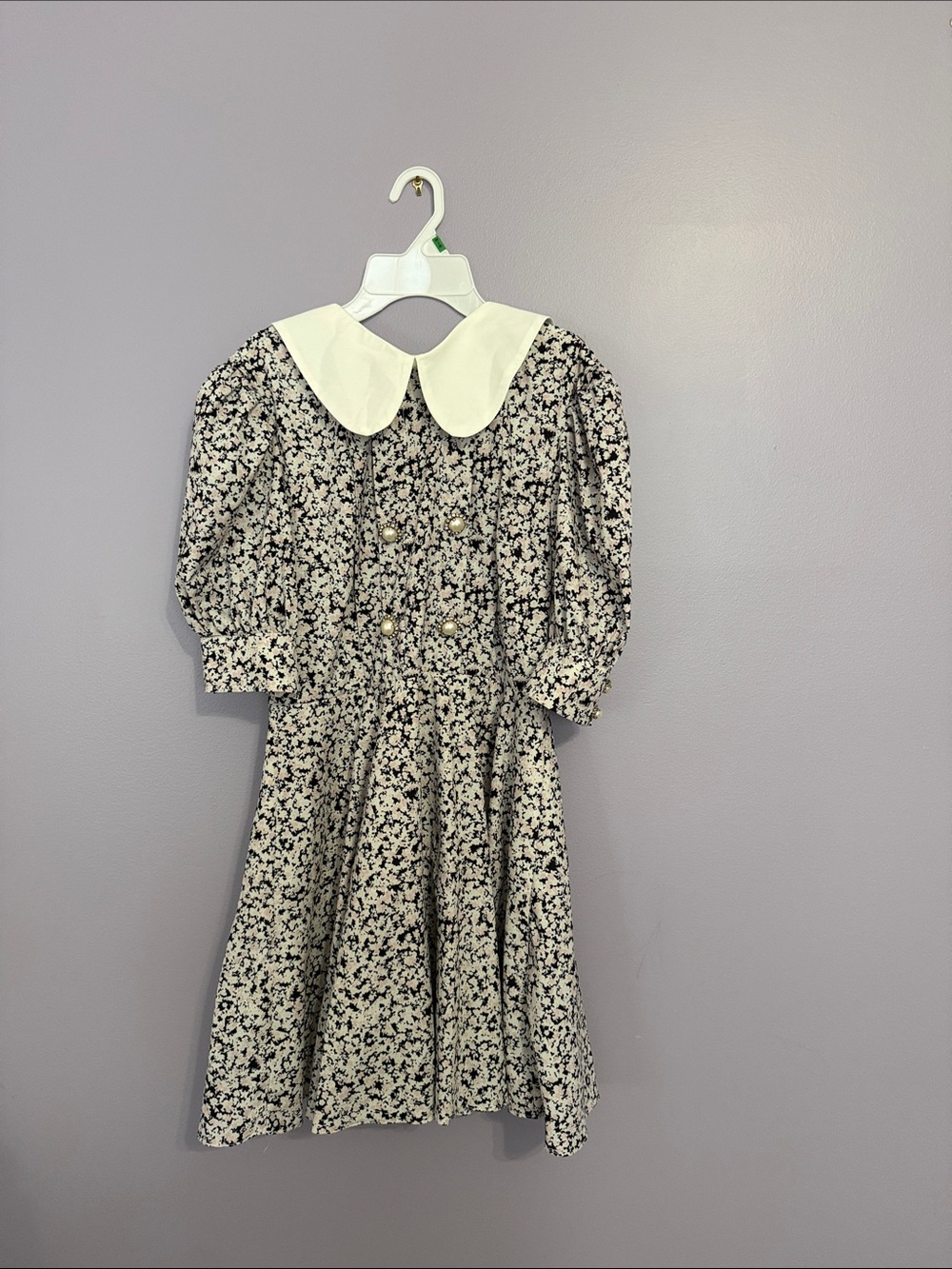 Floral Puff Sleeve Dress with Peter Pan Collar - Black & White
